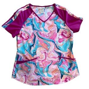 Scrubstar Pink Marble Print Scrub Top. Two Front Pockets with Pen Pocket. Sz Med